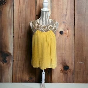 Doe and Rae Yellow Large sleeveless embroidered detail top